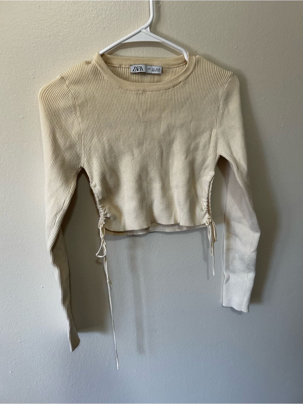 Zara Cream Ribbed Long-Sleeve Crop Top with Side Ties